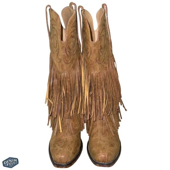 ROPER Womens Brown/Tan Rickrack Snip Toe Mid Calf Fringe Western Cowboy Boots - Picture 6 of 16